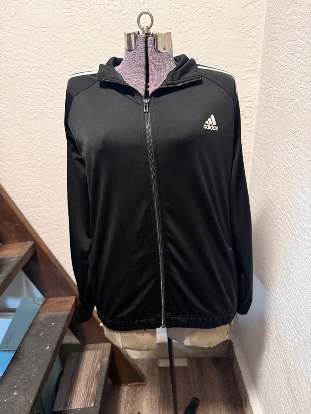 adidas Black Jacket with White Logo and Stripes